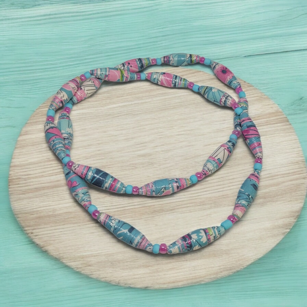 Artisan Pink and Teal Paper Bead Necklace